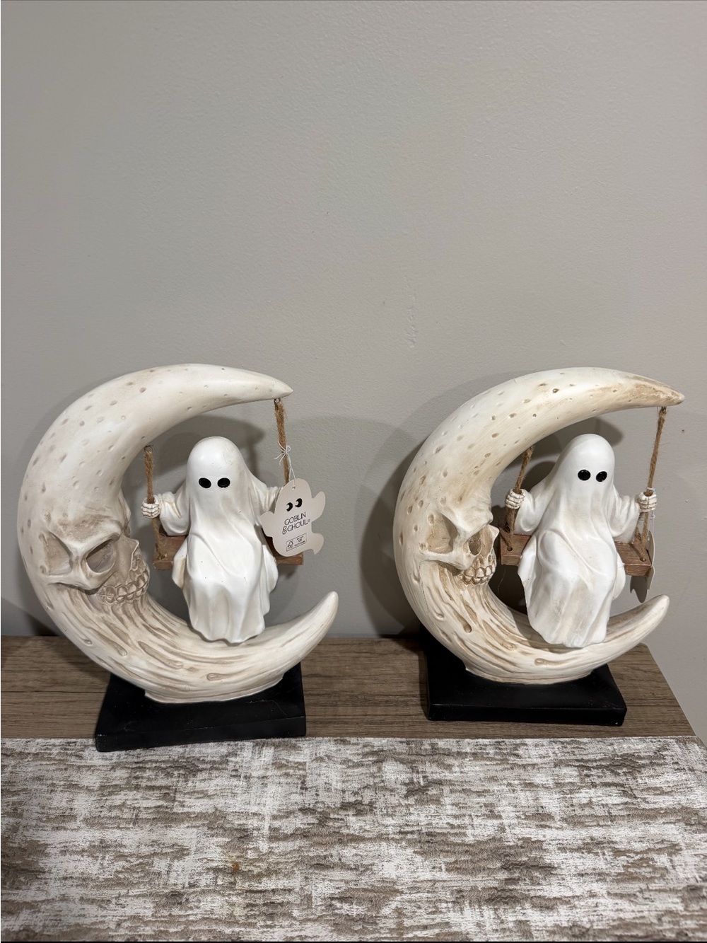 GOBLIN AND GHOUL SKELETON GHOST ON SKULL CRESCENT MOON SWING